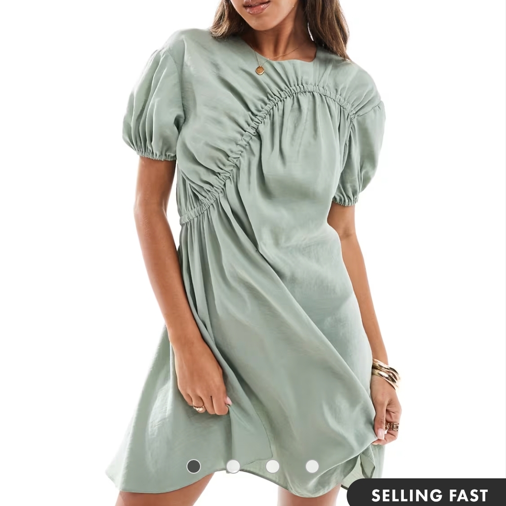 ASOS DESIGN cupro puff sleeve mini smock dress with ruching detail in sage green